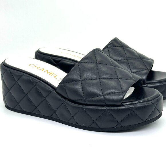 CHANEL 24P Quilted Leather Open Toe Wedge Heel Mule Slide Platform Sandal - Picture 6 of 15